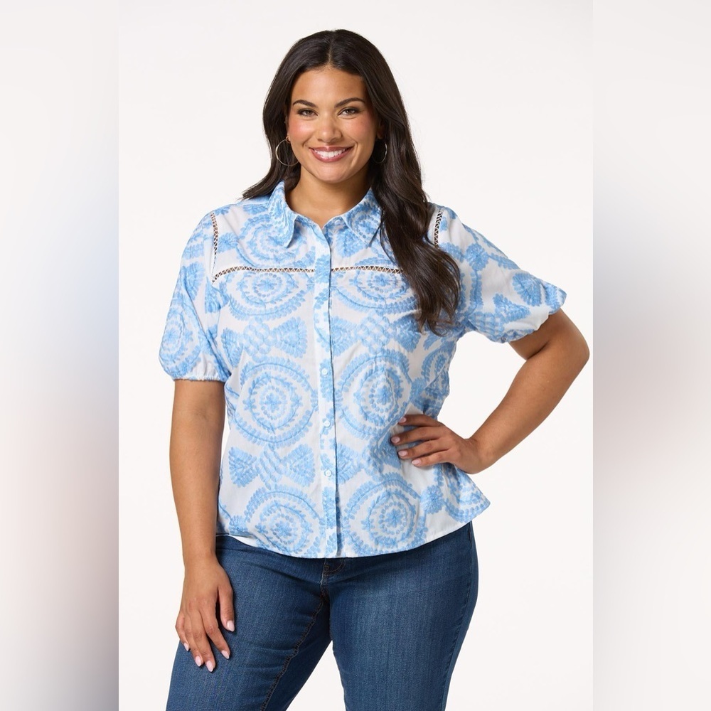 PLUS SIZE BLUE FLORAL EMBROIDERED SHIRT VARIOUS SIZES AVAILABLE
